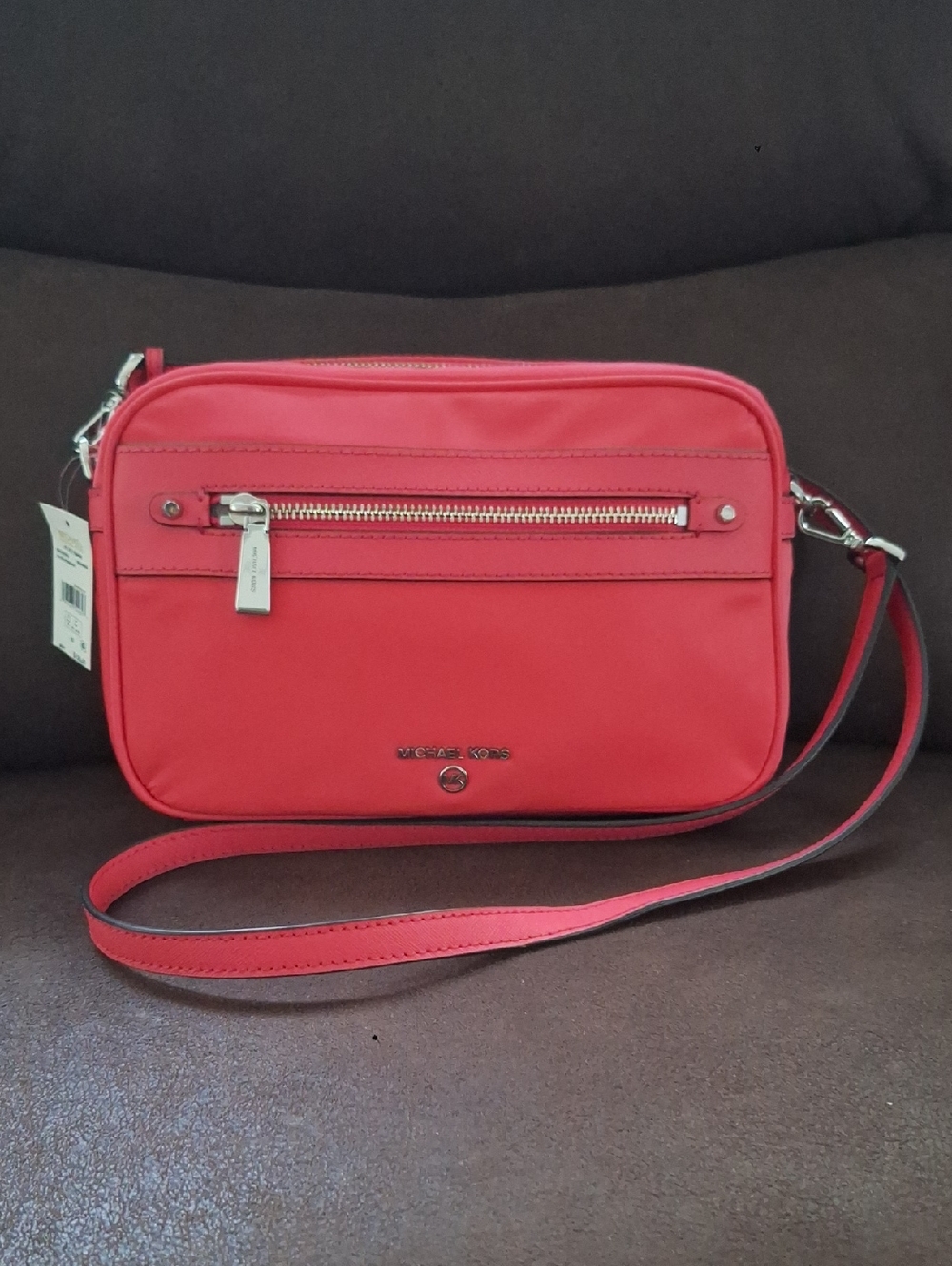 Michael Kors Coral-Red Crossbody Bag with Front Zip Pocket With Silver Hardware